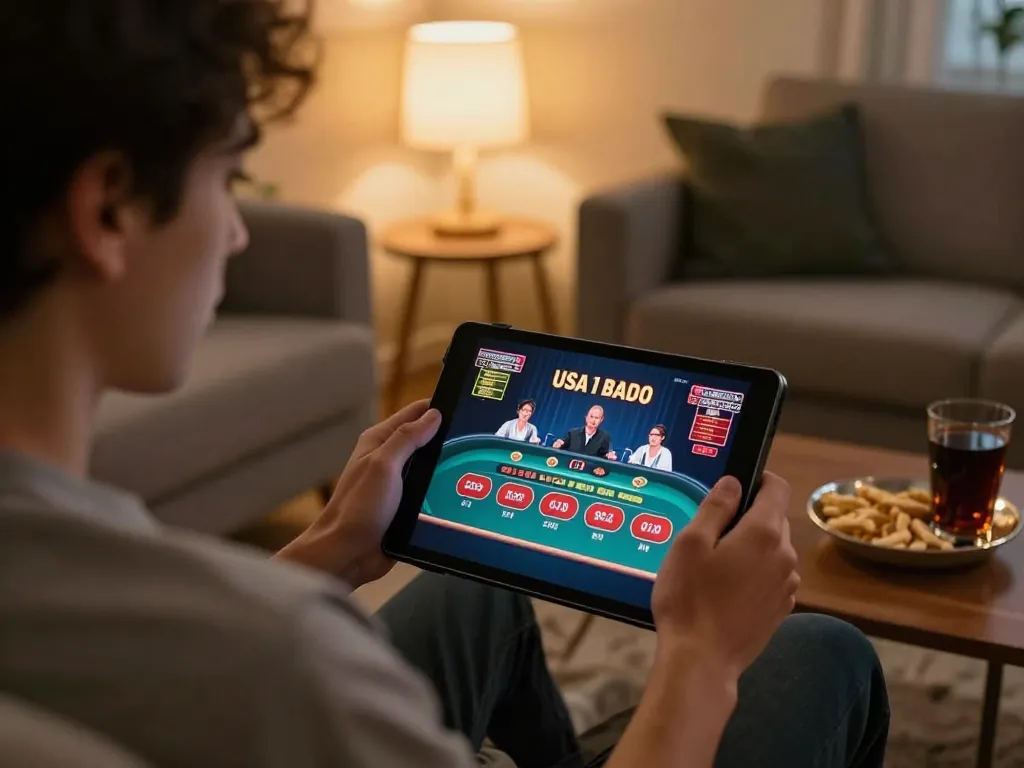 Player enjoying online usa casinos with a tablet in a cozy living room setting