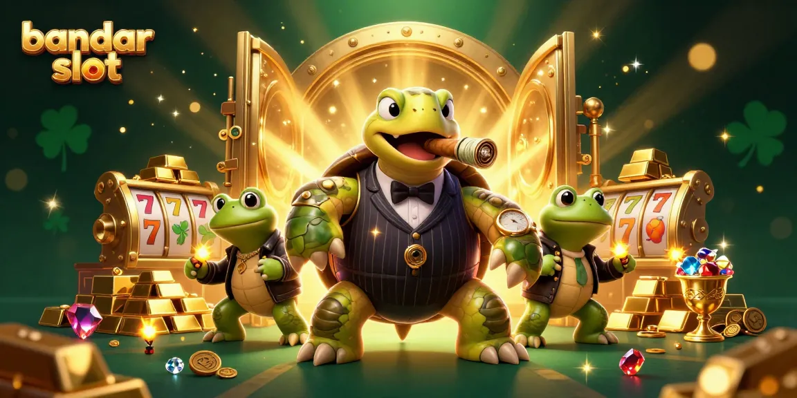 Engage with the bandar slot experience featuring a turtle in a mobster suit among slot reels and treasures.