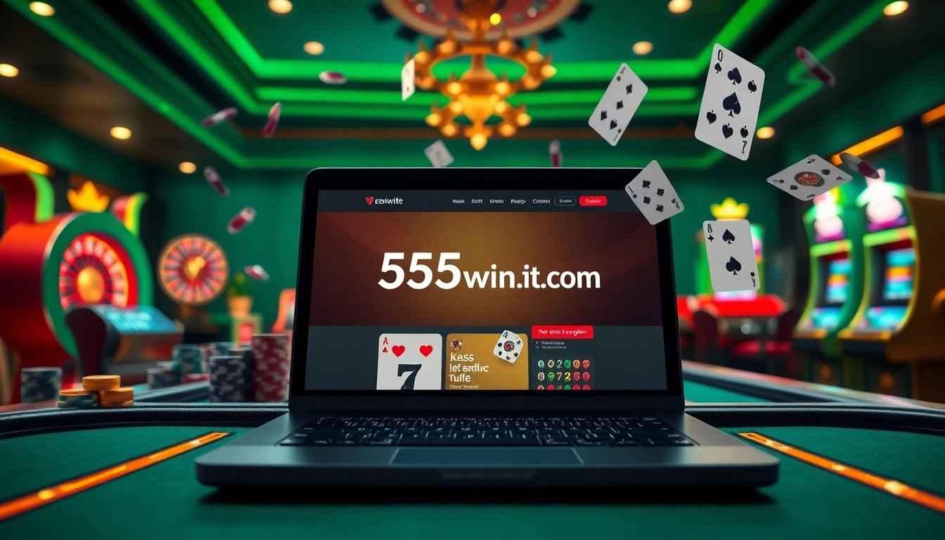 A thrilling online gambling experience at 555win1.it.com featuring vibrant casino elements like chips and cards.