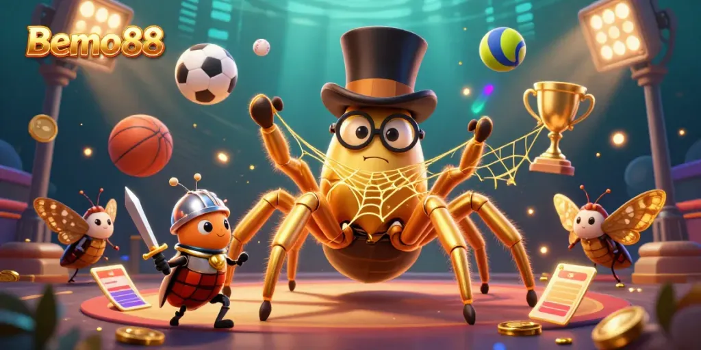 Experience the thrilling design of Bemo88 with a dynamic illustration combining characters and sports elements in a casino setting.