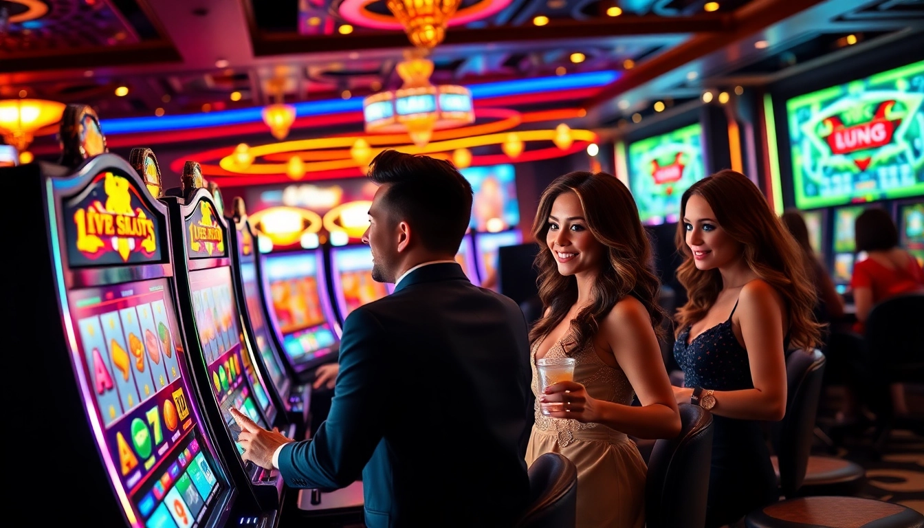 Players experiencing excitement at LEGO138 slot machines with vibrant casino atmosphere.