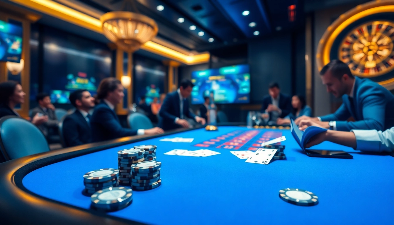 Experience the thrill of ph365 blue edition gaming at a luxurious casino table with vibrant poker chips and cards.