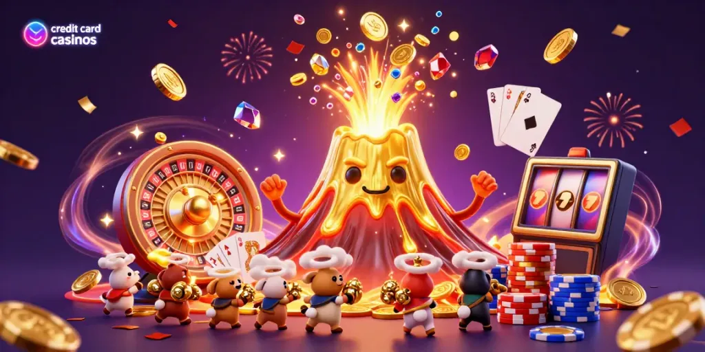 Experience credit card casinos’ excitement with treasures flying in a magical volcanic landscape.