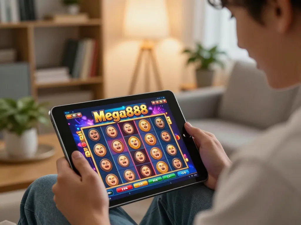Engaging moment of a player enjoying mega888 on a tablet while relaxing at home.
