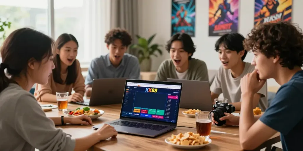 Friends enjoying an online betting session on XX88 platform in a lively living room.