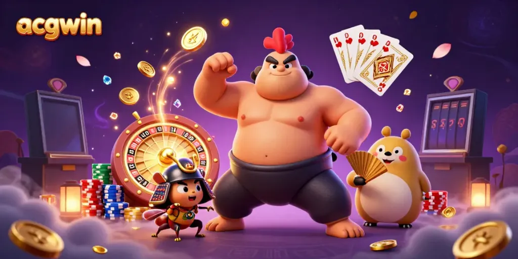 Merayakan kemenangan di acgwin dengan ilustrasi kasino 3D kartun yang dinamis dan penuh energi.