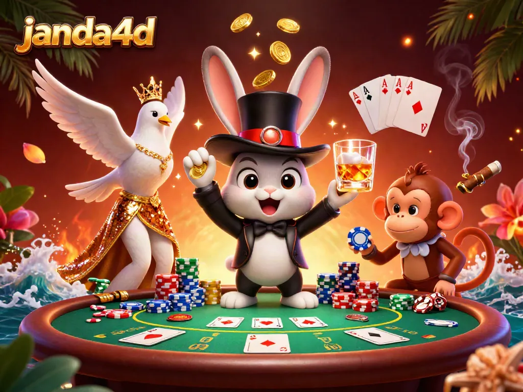 Menangkan permainan dengan janda4d, ilustrasi kasino 3D yang menampilkan karakter dan elemen menarik.