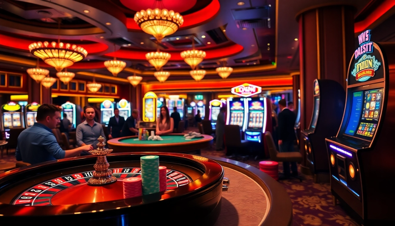 A thrilling scene at 68win's luxurious casino floor showcasing players engaged in poker, roulette, and slot machines.