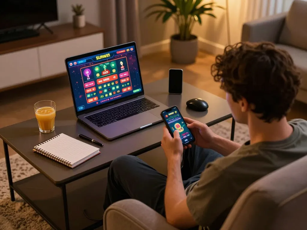 Player enjoying online gaming at Sunwin with laptop and smartphone in a cozy atmosphere