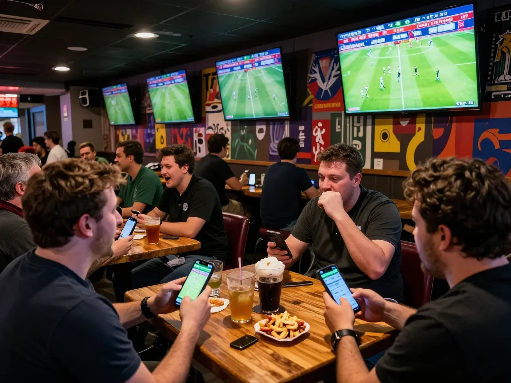 Para penggemar aktif terlibat dalam taruhan sepak bola langsung SPBO di sebuah bar olahraga, layar bergetar dengan aksi