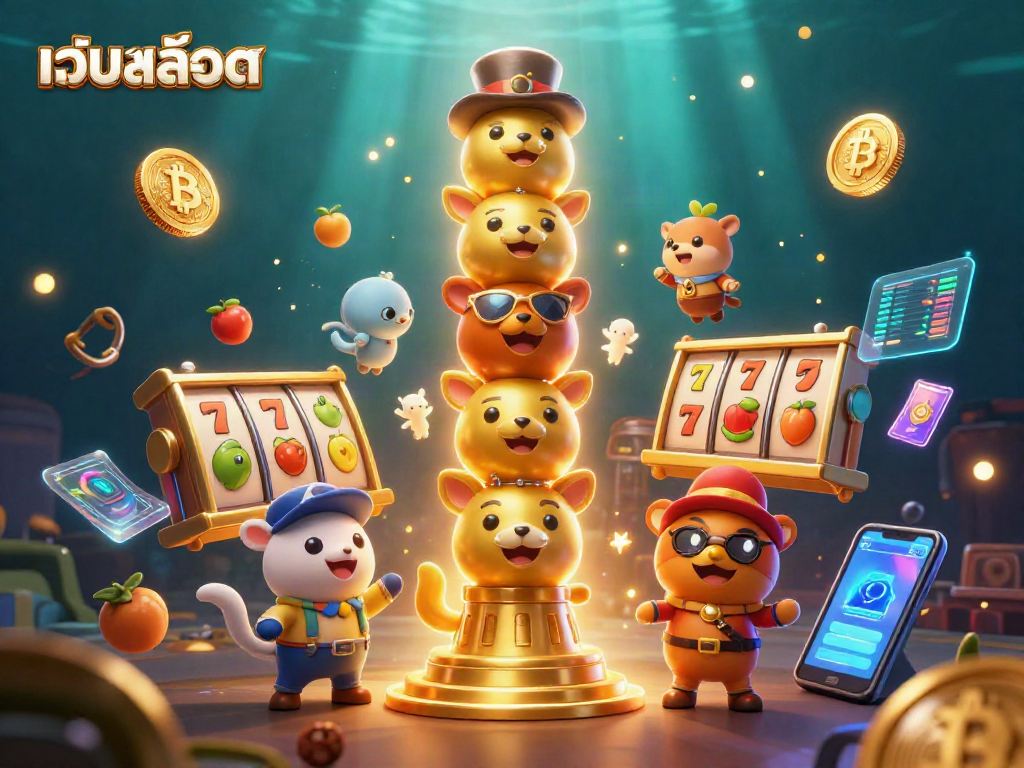 Engage with เว็บสล็อต in a vibrant 3D scene featuring animated casino elements and glowing cryptocurrencies.