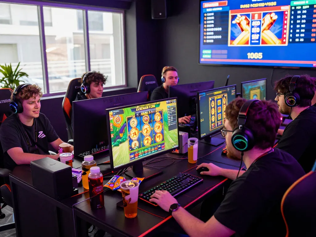 Vivid online gaming scene with players engaged in Zeus138 slot games, showcasing excitement and community.