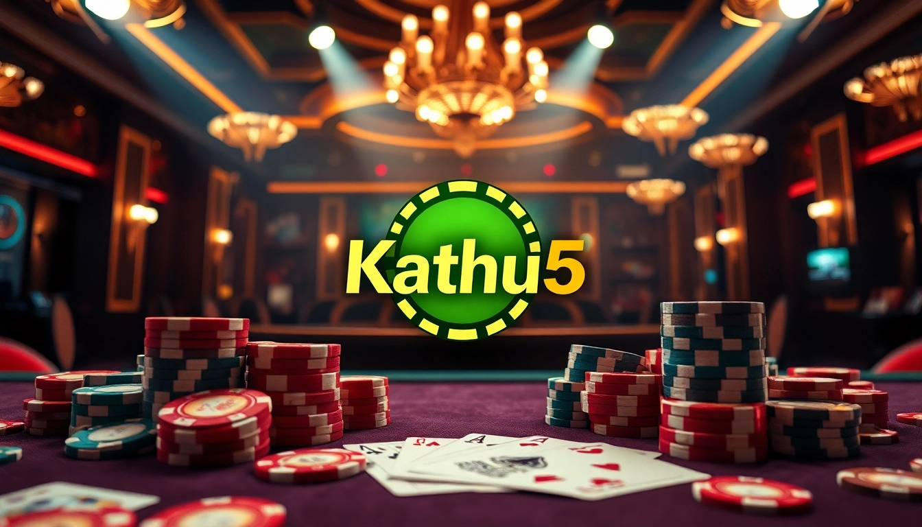 Masuk ke Katsu5 Login dengan chip poker dan kartu bermain di latar belakang mewah.
