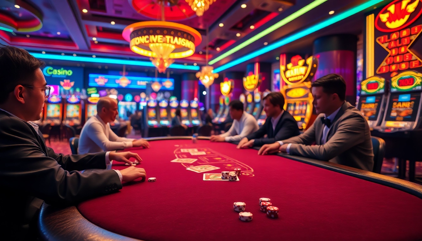 Players enjoying a thrilling poker game at LC88 casino, surrounded by colorful slots and winning excitement.