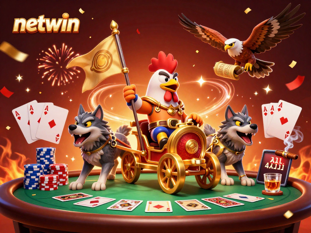 Join the action with netwin, featuring a rooster warlord in a golden chariot amidst poker excitement.