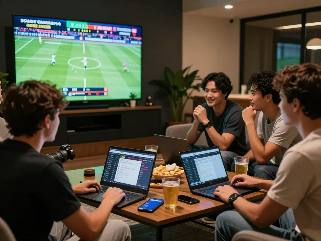 SBOBET sports betting excitement with friends in a lively lounge.