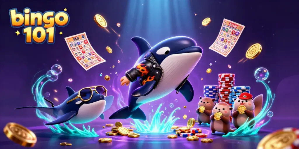 Engage in Bingo 101 with our cartoon orca whale character, bingo cards, and golden coins.