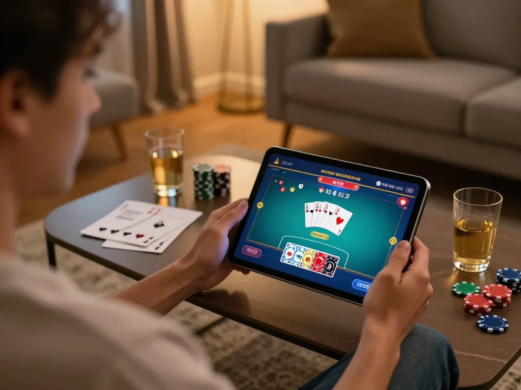 Gaming strategy session at home using online casino app, featuring poker interface and cozy setting. link vào