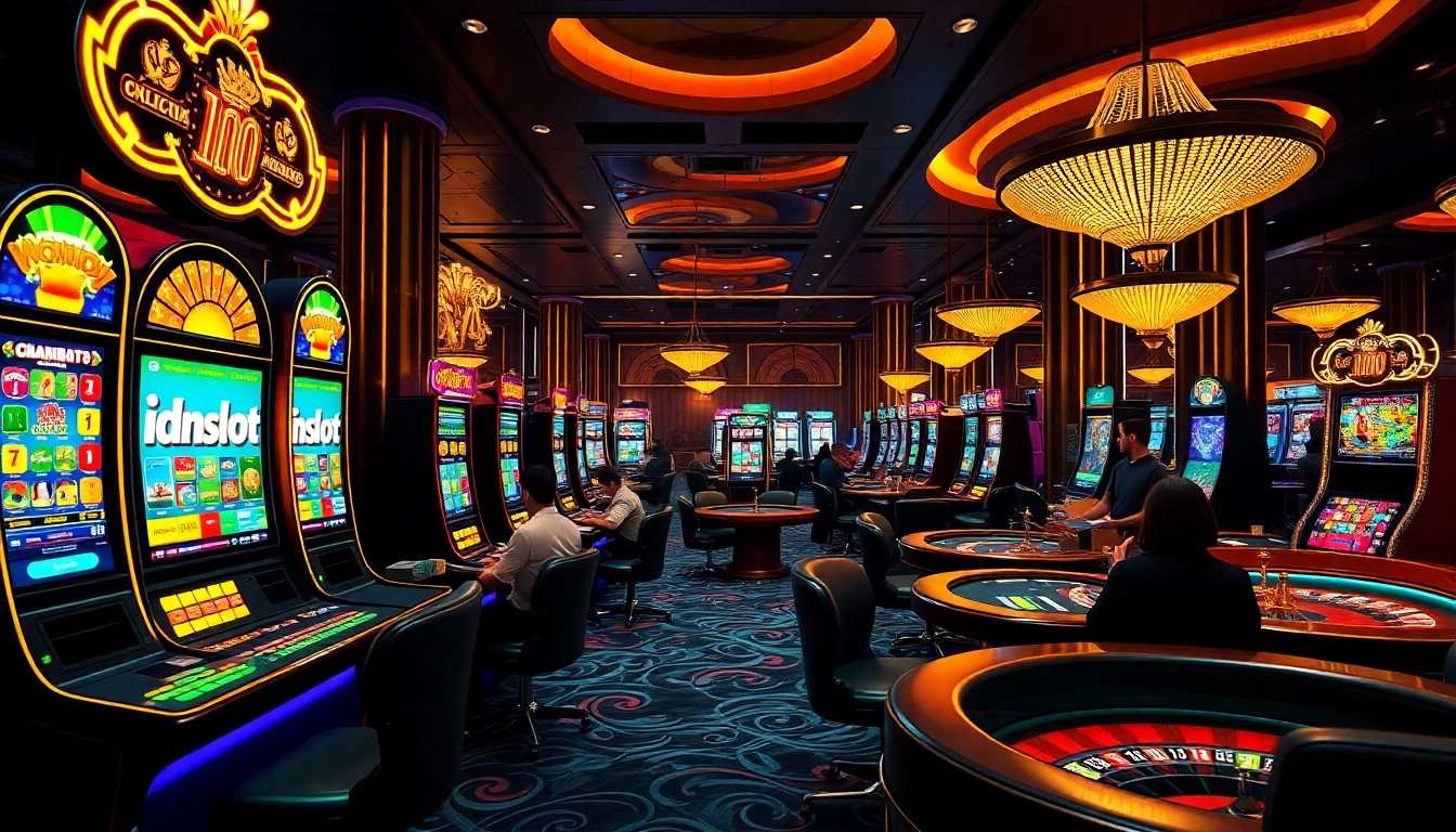 Experience thrill at idnslot with luxurious casino games, including vibrant slot machines and poker tables.