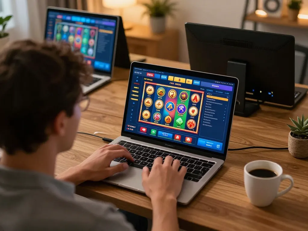 An engaged player using the unogg online gaming platform from a cozy home setup while enjoying a slot game.