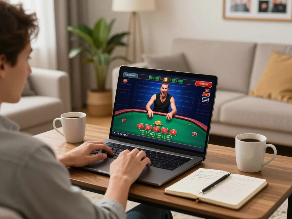 Engaging online gaming experience at https://f168.osaka/ showcasing a player immersed in live dealer action from home.