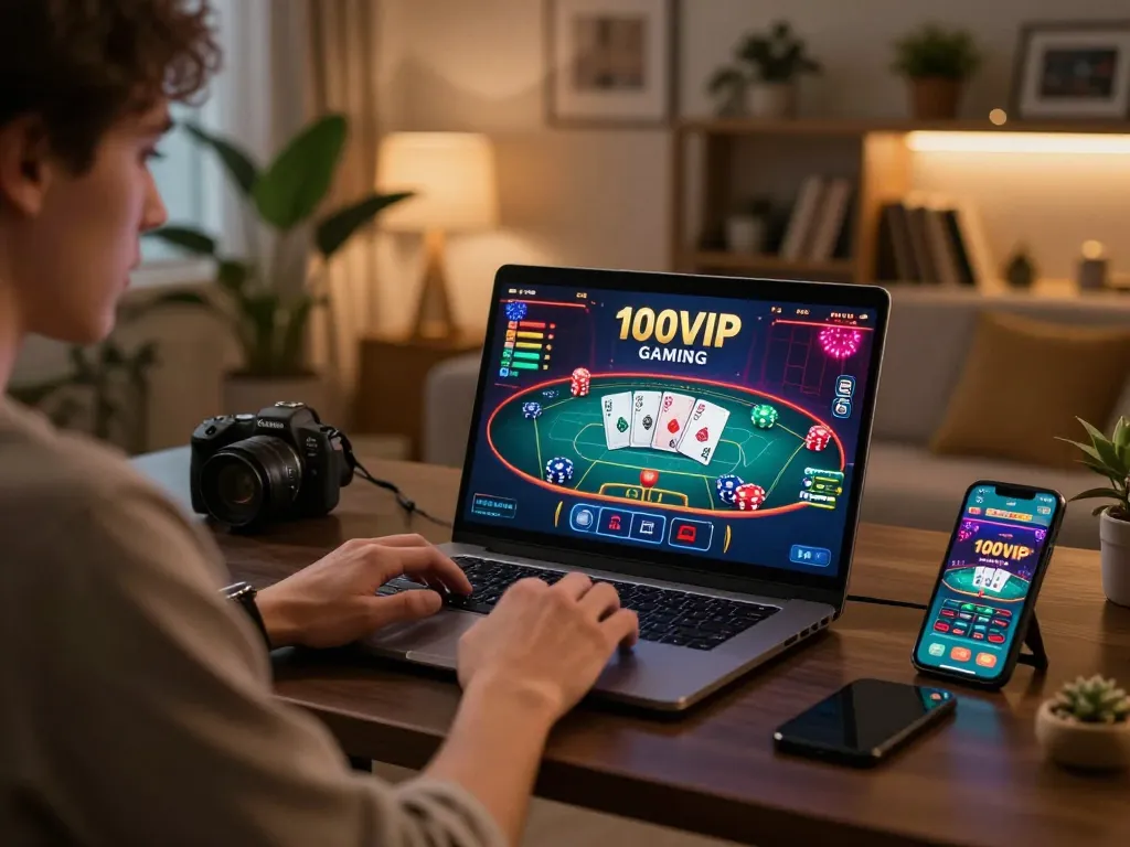 Experience the excitement of 100VIP gaming with a vibrant online setup showcasing live casino action.