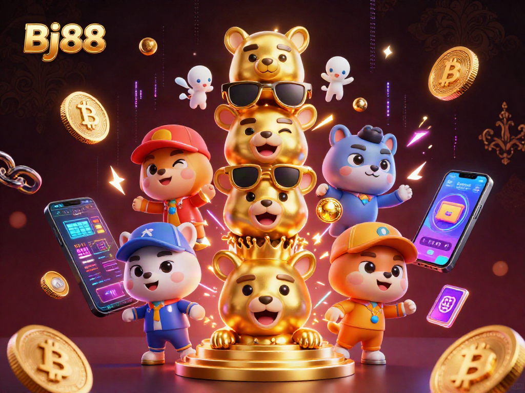 Bj88 showcases dynamic casino elements with a whimsical golden totem pole and vibrant crypto coins.