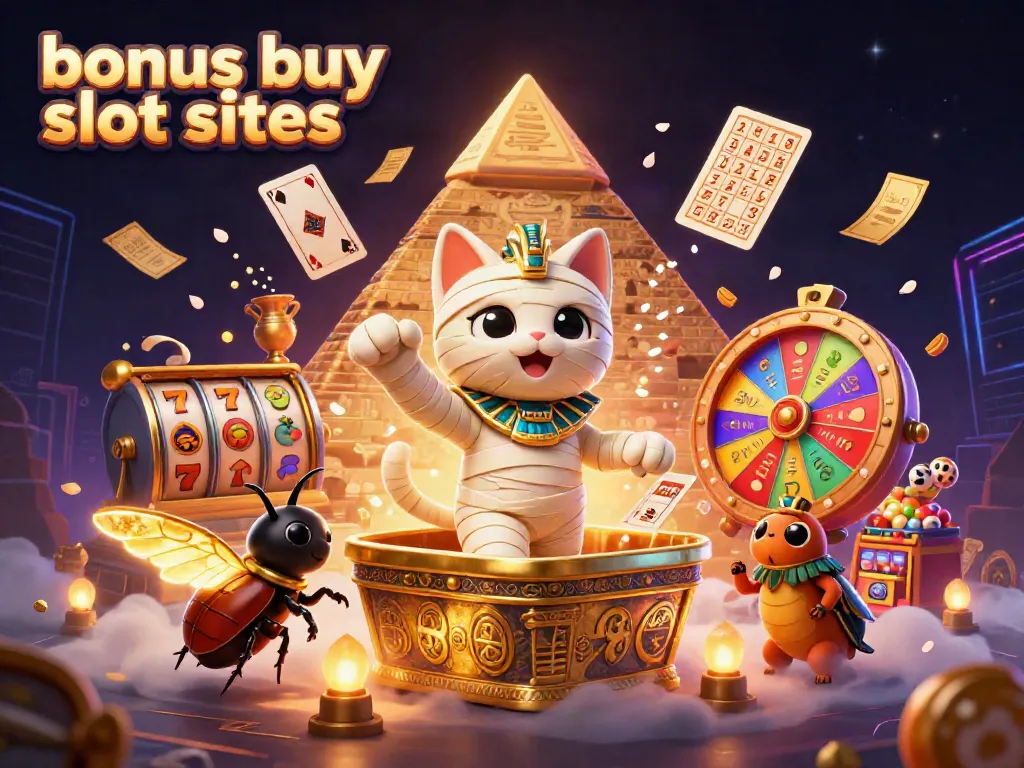 Experience thrilling action at bonus buy slot sites with an Egyptian mummy cat and vibrant casino elements.