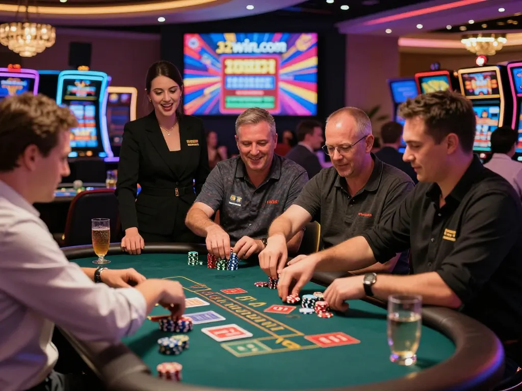Dynamic casino scene showcasing players engaging at 32win.com with vibrant atmosphere and gaming excitement.