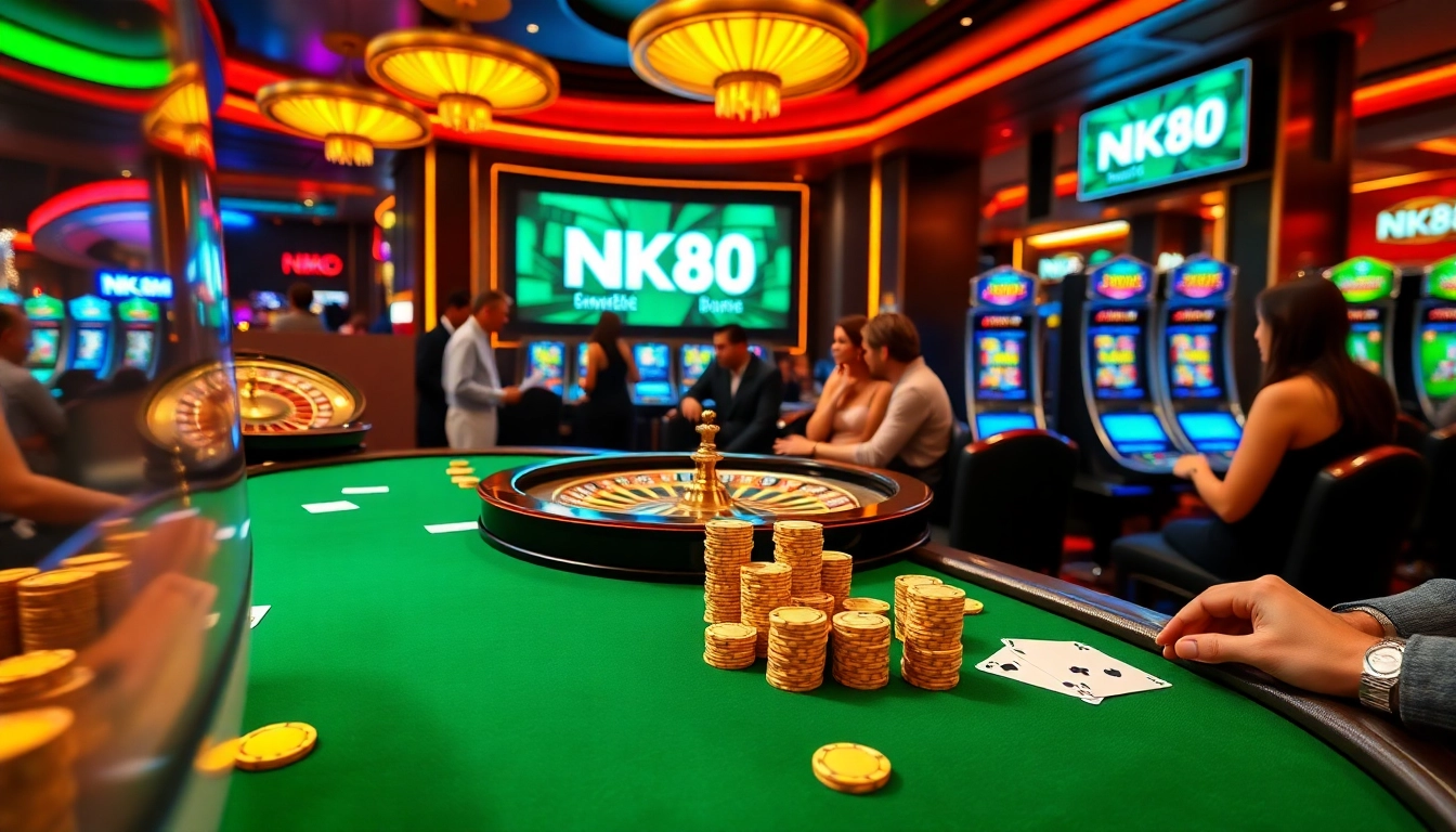 Experience high-stakes gambling at NK88 with poker chips and cards on a vibrant casino table.