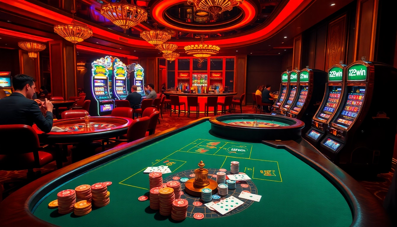 Engaging casino atmosphere with 123win logo, featuring poker tables, roulette, and slot machines.