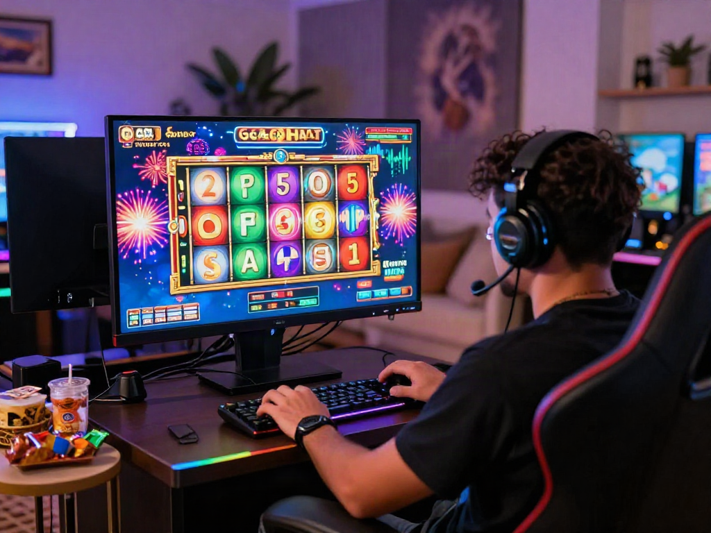 Exciting scene of a player engaging with an online slot gacor game on a high-definition monitor, showcasing colorful reels and immersive gaming atmosphere.