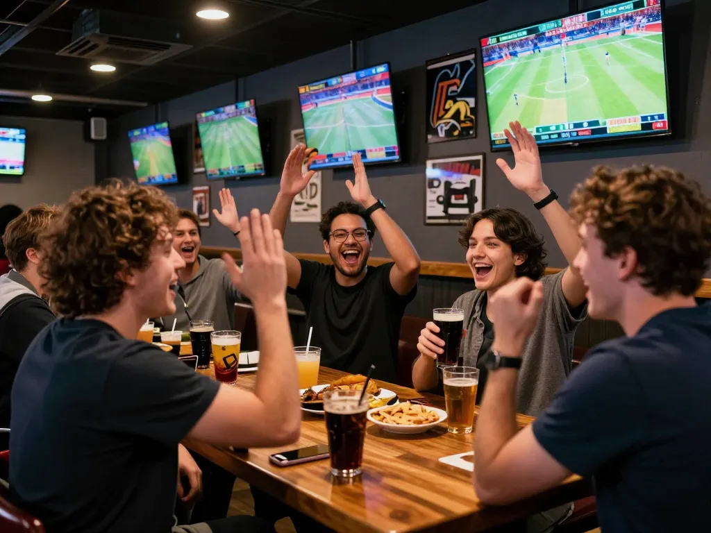 Engaging scene of friends celebrating a win during sports betting at thể thao 88aa, with excitement and drinks.