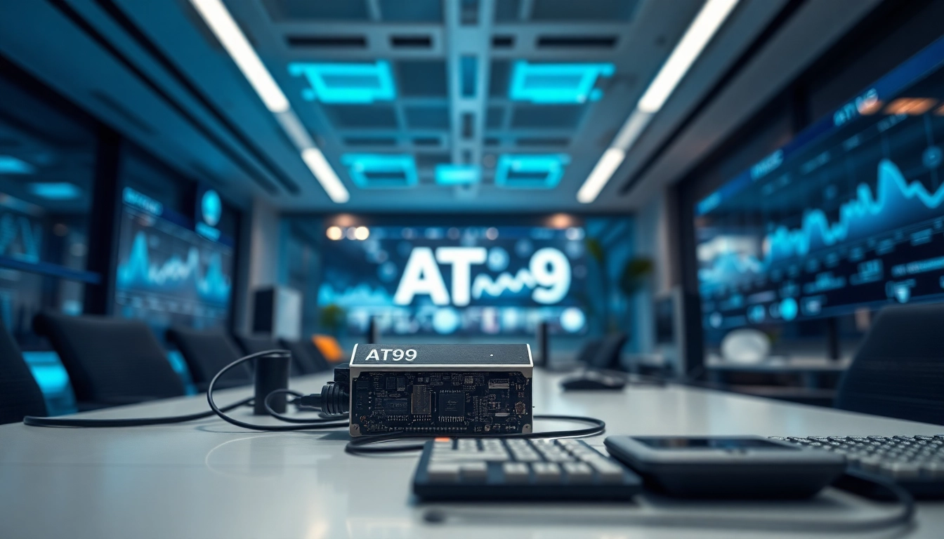Showcasing the AT99 device in a modern office highlighting its advanced technology features.