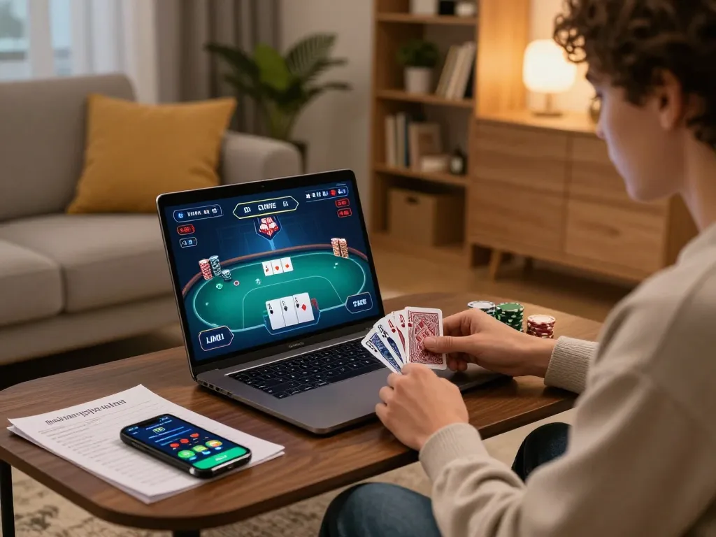 Engaging gameplay on almlive poker platform with a player focused on their laptop in a cozy home setting.