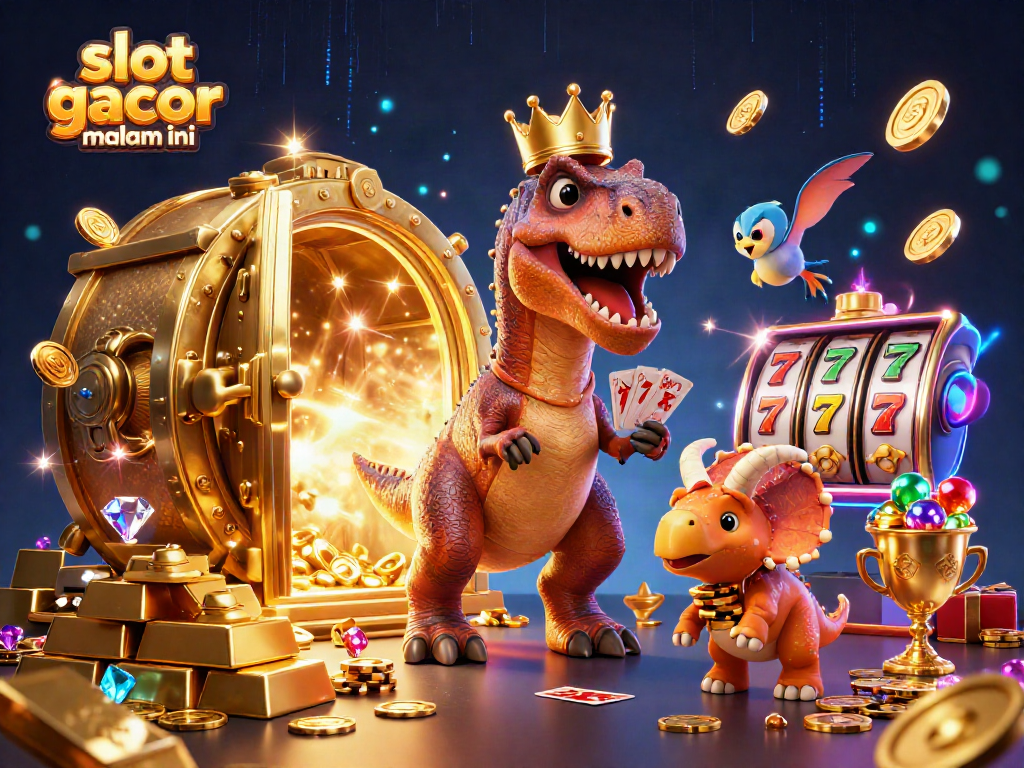 Menangkan slot gacor malam ini dengan T-Rex bermain kartu dan triceratops menumpuk chip emas.