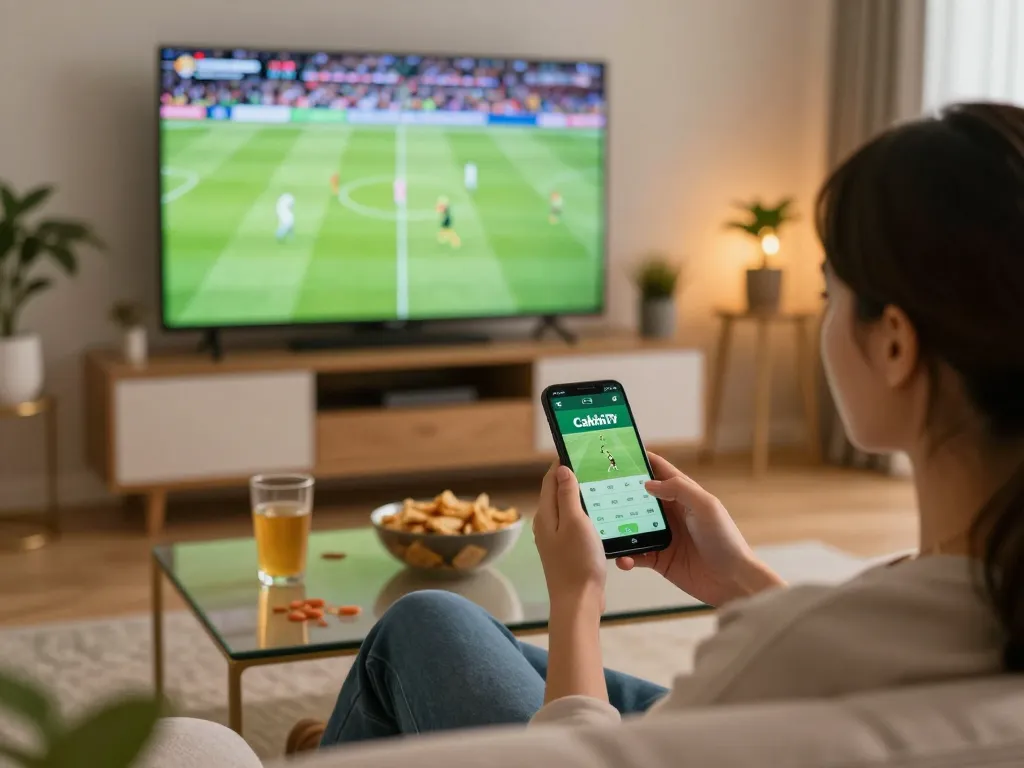 Cakhia TV user placing bets while watching a live football match on a smartphone in a cozy home