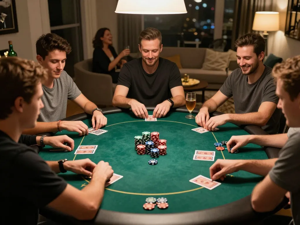 Pemain yang terlibat dalam permainan poker di rumah, menampilkan strategi dan kebersamaan Gsc108.