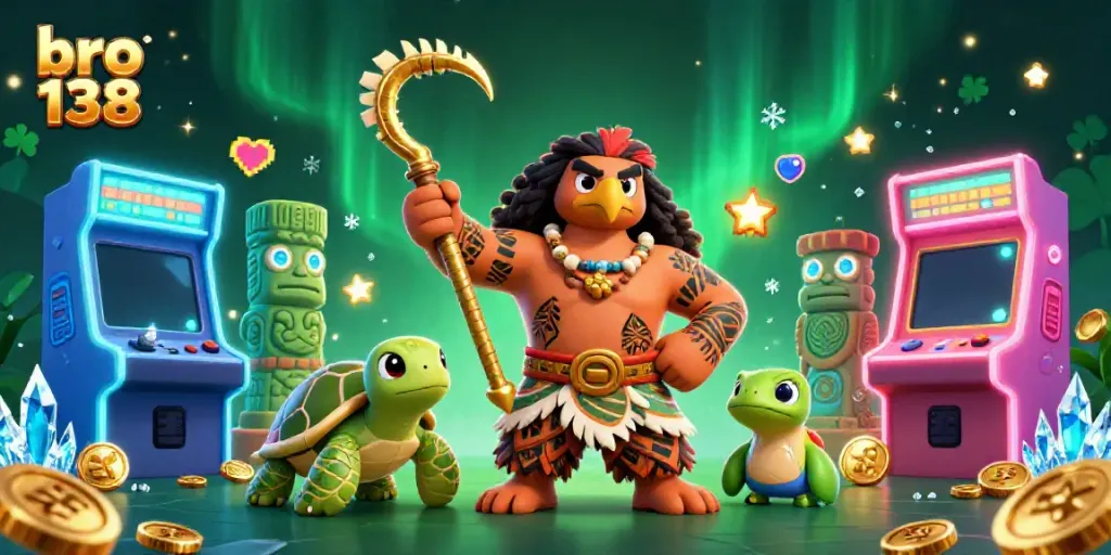 Engage in thrilling casino action with bro 138 featuring a demigod and cute turtle amidst vibrant gaming elements.