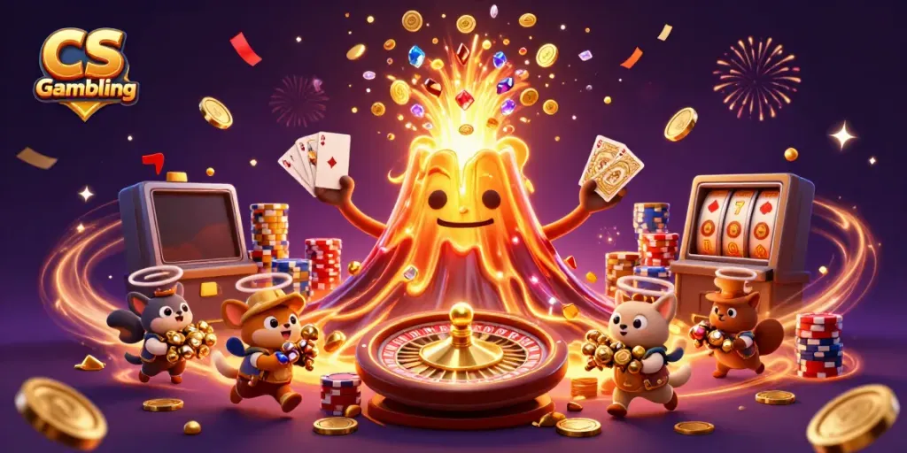 CS Gambling showcases a colorful eruption of treasures, coins, and festive elements in a vibrant casino-themed scene.