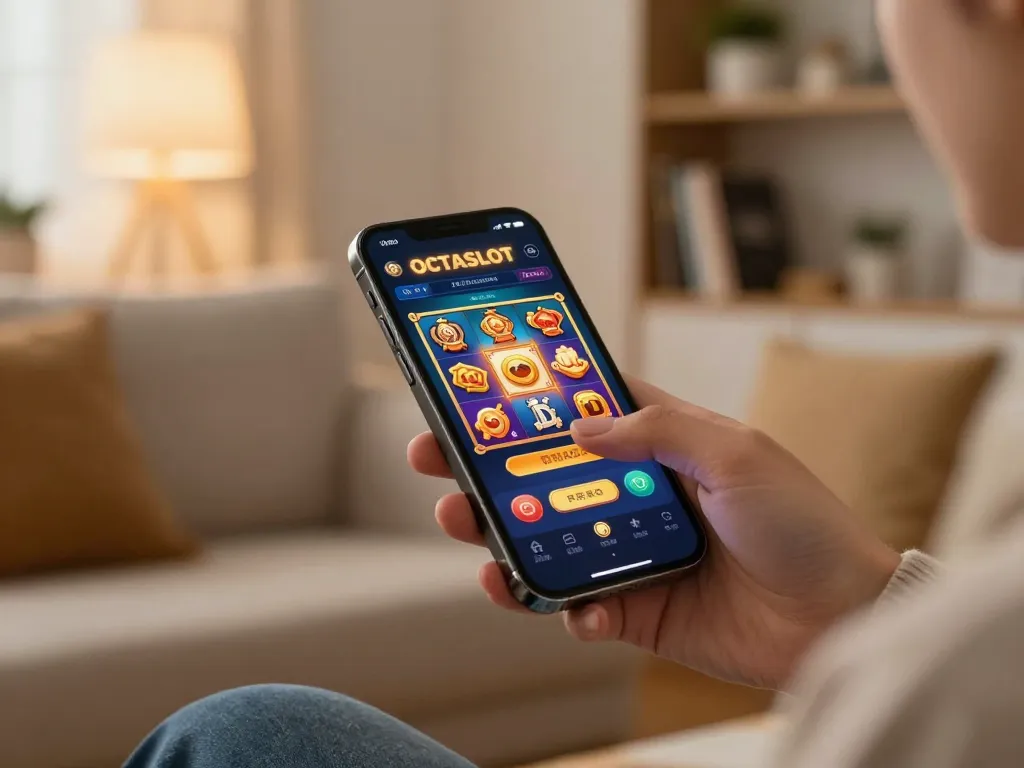 Play OCTASLOT on a smartphone while enjoying a cozy home atmosphere.