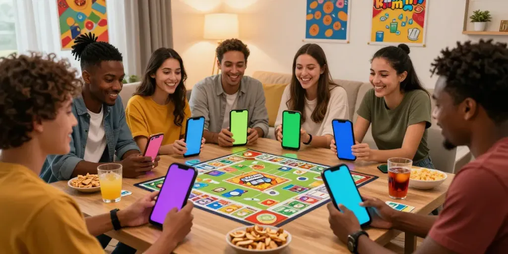 Group of friends enjoying Rumble Rummy on mobile devices in a lively living room.