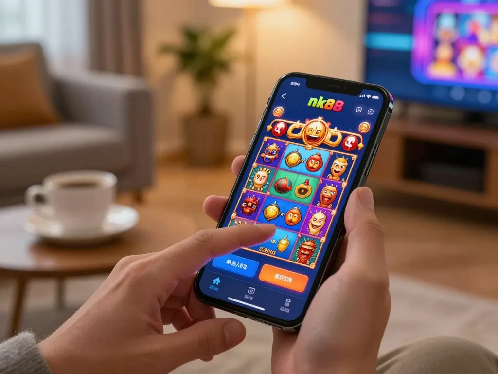 Player enjoying nk88 mobile casino app at home with vibrant slot game graphics