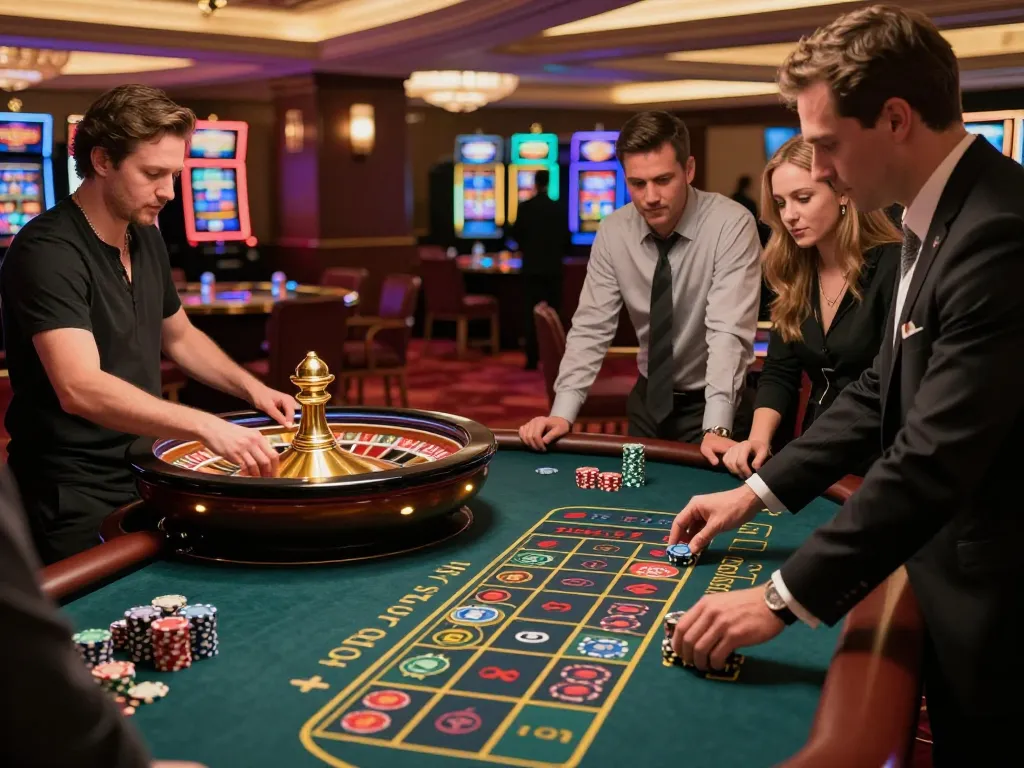 Engaged players make bets at the 388bet roulette table in a vibrant casino.