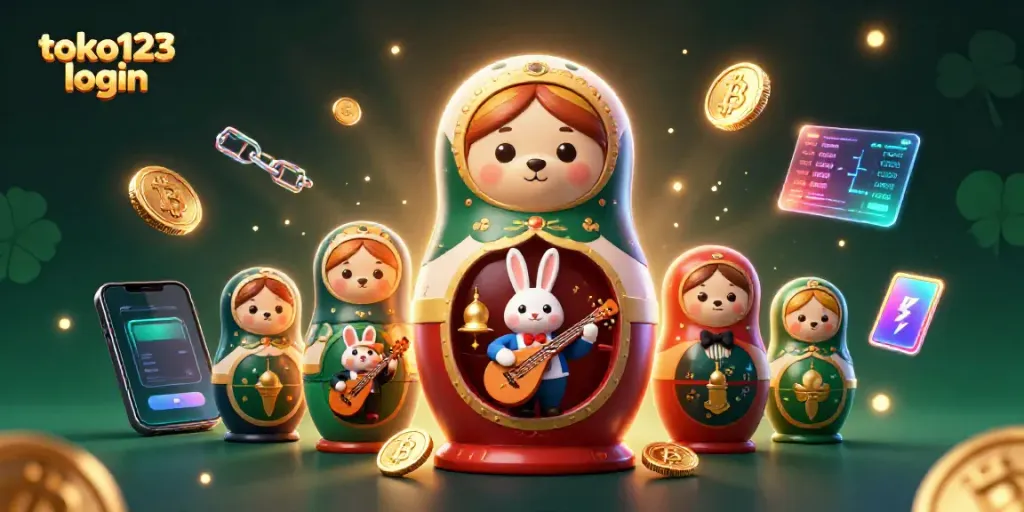 Toko123 login showcases a vibrant casino scene with playful characters and crypto elements