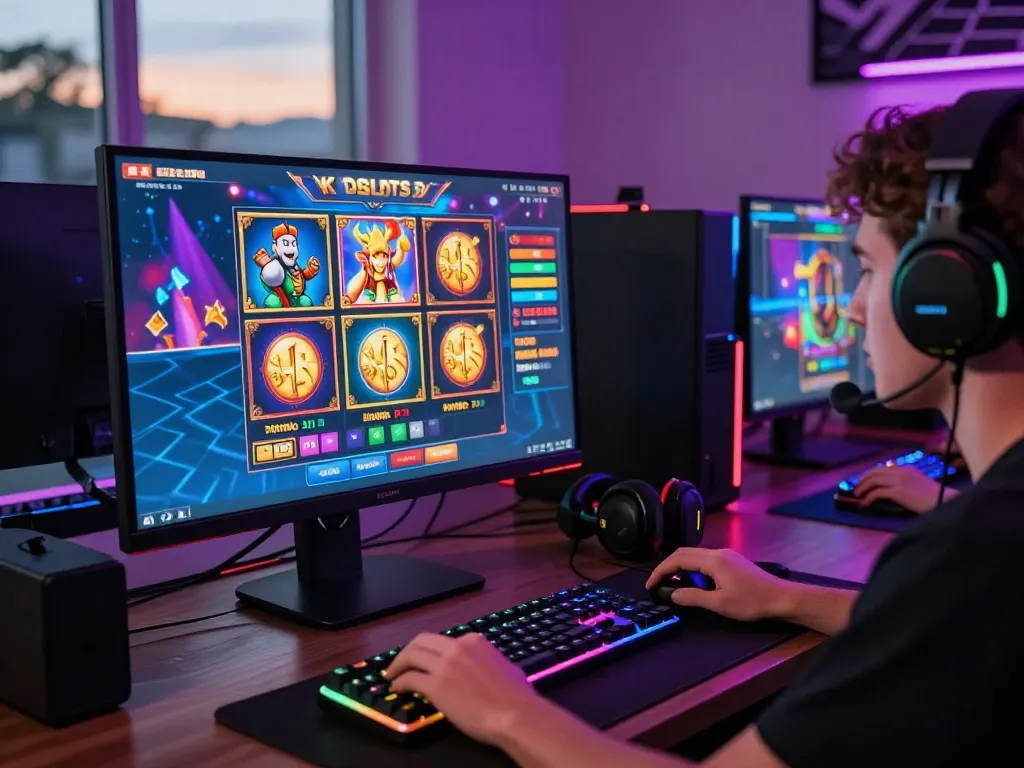 KDslot platform gaming player enjoying immersive slot games with vibrant graphics in a stylish setup.