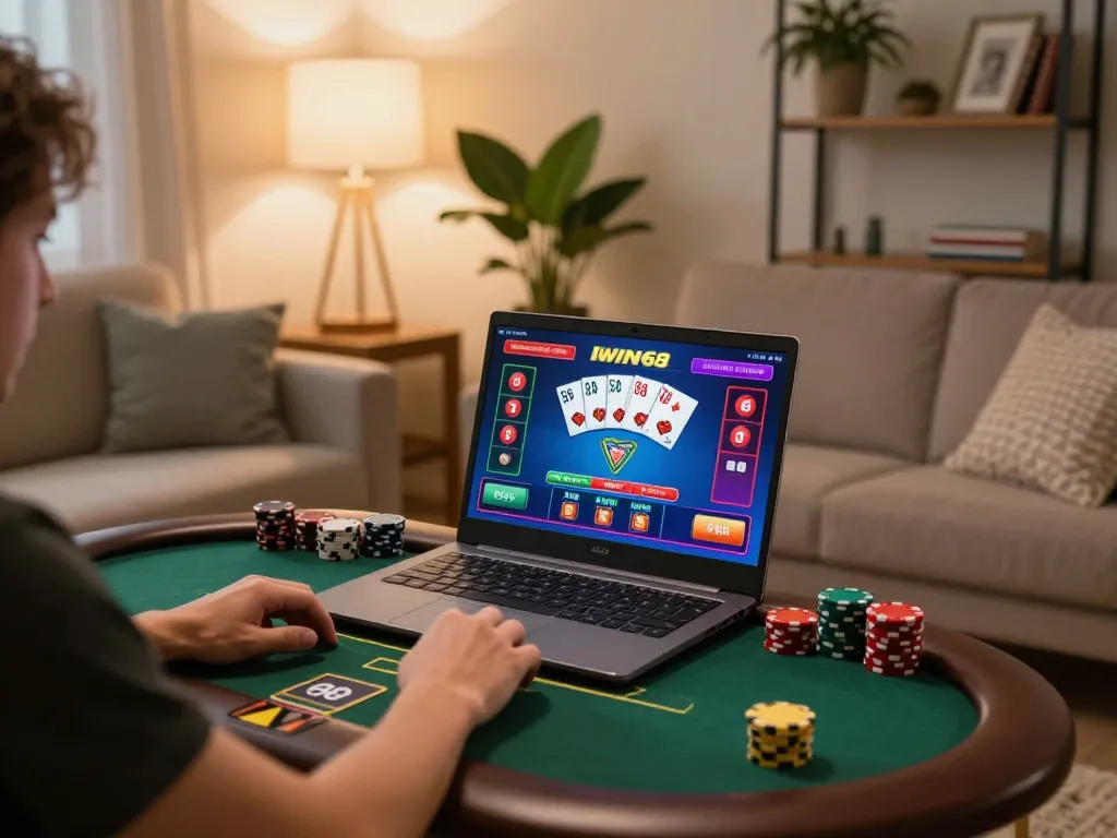 IWIN68 poker gaming scene showing a player enjoying a vibrant online casino game at home