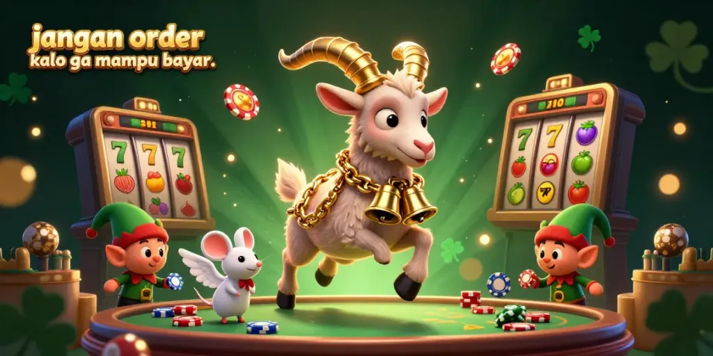 Engaging 3D illustration showcasing "jangan order kalo ga mampu bayar.." in a vibrant gambling scene featuring a festive Krampus goat.