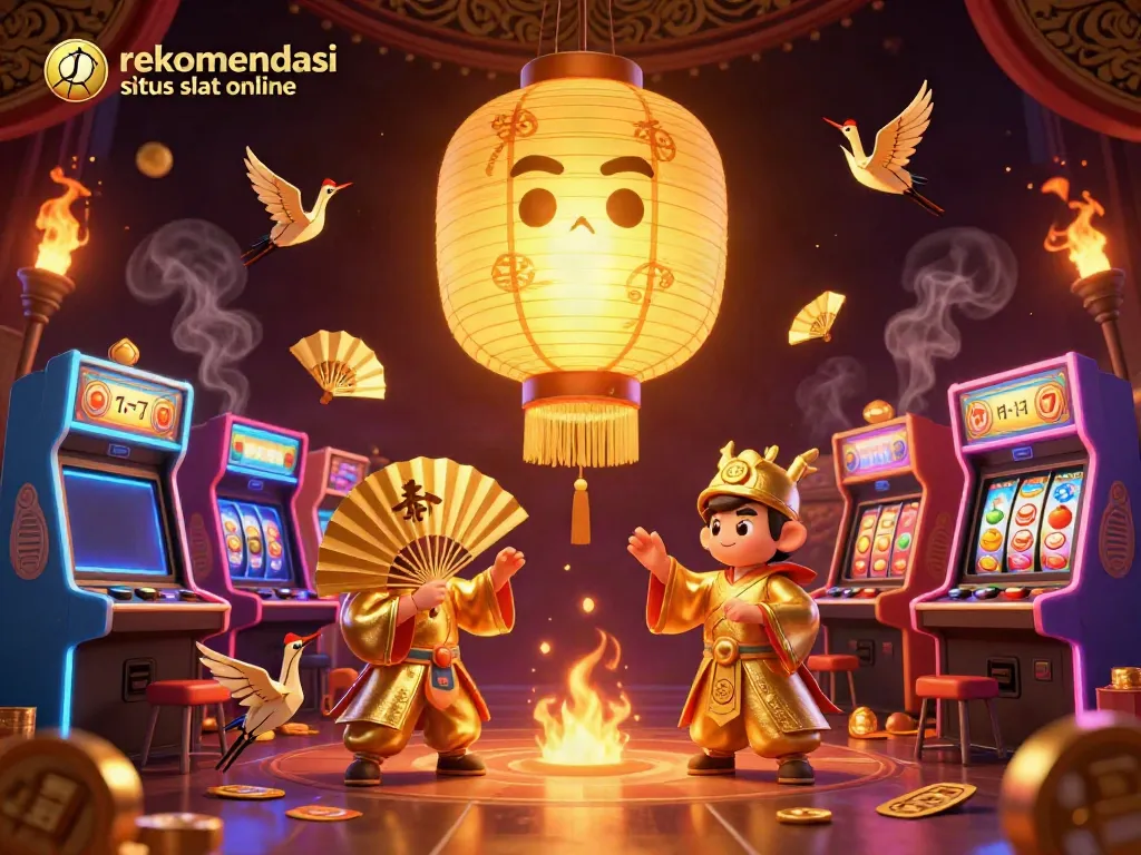 Rekomendasi situs slot online menampilkan ilustrasi fantastis dengan karakter dan simbol keberuntungan di kasino malam.