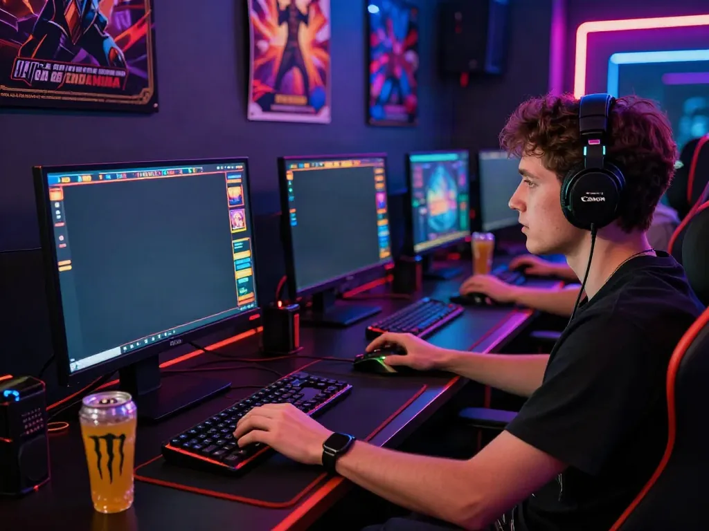 Akujp online gaming scene with player focused on slot games, vibrant graphics, and gaming accessories.